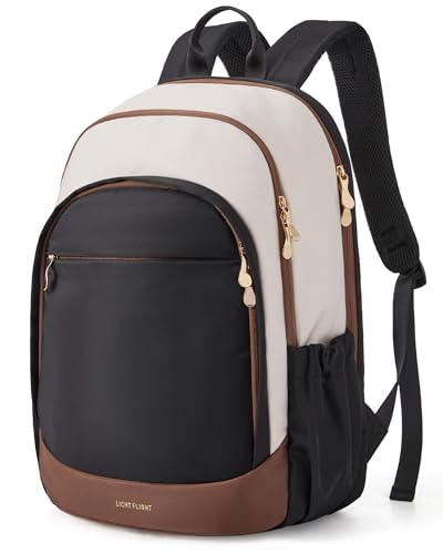 LIGHT FLIGHT Travel Backpack for Women, 15.6 Inch Laptop Backpack with USB Charging Hole, Water Resistant College Bookbag, Large Capacity Black Computer Backpacks for Work, Beige+Black - color: Beige+black, size: 15.6 Inch without Wheels