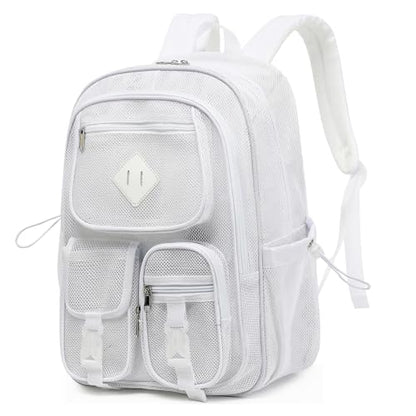 Mesh Backpack for Girls Boys, Women Mesh Bookbags Heavy Duty Semi-Transparent School Bag Net Back Pack for Travel, Beach, Swimming, Work - White - color: White