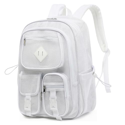Mesh Backpack for Girls Boys, Women Mesh Bookbags Heavy Duty Semi-Transparent School Bag Net Back Pack for Travel, Beach, Swimming, Work - White - color: White