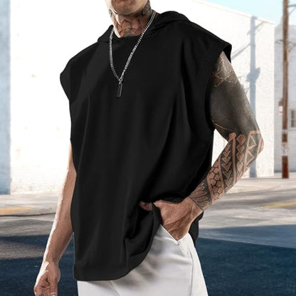 domirica Sleeveless Hooded Mens Shirt Tshirts Loose Fit Fitness Street Outfit Summer Regular Casual Tank Top - color: Black, size: 3X-Large