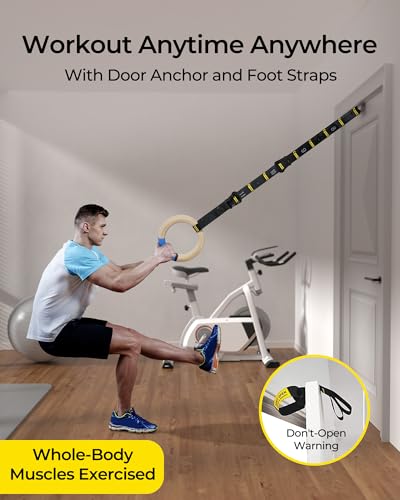 PACEARTH Gymnastics Rings 32mm Wooden Olympic Rings Support 1500lbs Locked Carabiners 9ft Double-Layer Numbered Straps Non-Slip Gym Rings with Foot Straps Door Anchor for Home Gym Full Body Workout - style: 01-1.25" Buckle Rings & Straps & Door Anchor & F