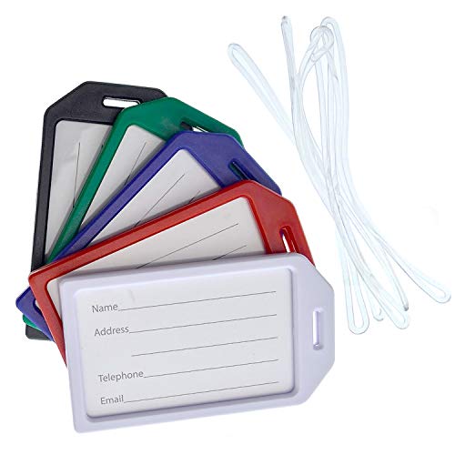 5 Pack - Premium Rigid Airline Luggage Tag Holders with 6" Worm Loops - Heavy Duty Hard Plastic -Suitcase ID Tag Identifiers with Business Card Insert Window by Specialist ID (Assorted Colors) - color: Assorted Colors, size: 5 Pack