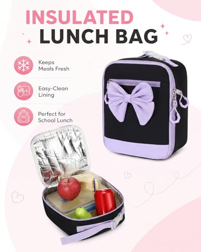 CAMTOP Girls Backpack with Lunch Box & Pencil Case Set, School Backpack for Girls with Large Water Bottle Holder Straps, Waterproof Kids Backpack, Cute Bookbag for Elementary School & Travel - color: Black Purple