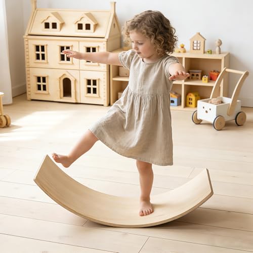 Gecheer 32 Inch Wooden Rocker Board for Kids and Adults – Balance Training, Sensory Integration, Seesaw & Yoga Prop – 300 lb Capacity
