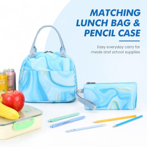 LOIDOU Backpack for Teen Girls Bookbags School Backpack with Lunch Box and Pencil Case 3 in 1 School Bags Set - color: Marble Blue