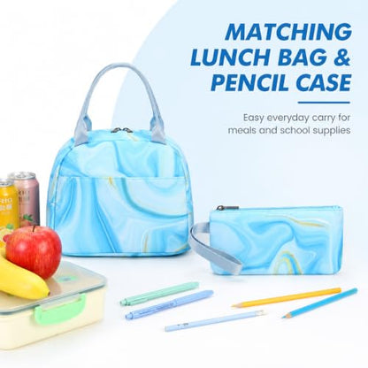LOIDOU Backpack for Teen Girls Bookbags School Backpack with Lunch Box and Pencil Case 3 in 1 School Bags Set - color: Marble Blue