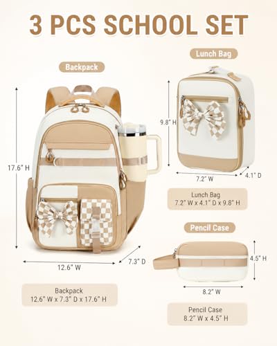CAMTOP Girls Backpack with Lunch Box & Pencil Case Set, School Backpack for Girls with Large Water Bottle Holder Straps, Waterproof Kids Backpack, Cute Bookbag for Elementary School & Travel - color: Beige Brown