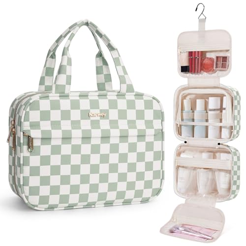 Narwey Hanging Toiletry Bag for Women Checkered Travel Makeup Bag Cosmetic Make Up Organizer Toiletries Bag for Travel Essentials Accessories (Mint Green Checkerboard, Medium) - color: Mint Green Checkerboard, size: Medium