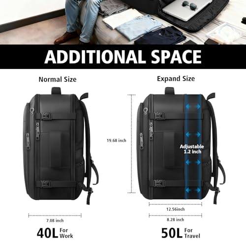 tazbuzo Travel Backpack For Men, Extra Large 50L Flight Approved Carry on Backpack, Expandable Waterproof Business Suitcase Daypack Big Bag Fits 18.4 Inch Laptop, Black - color: Black