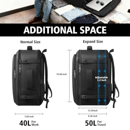 tazbuzo Travel Backpack For Men, Extra Large 50L Flight Approved Carry on Backpack, Expandable Waterproof Business Suitcase Daypack Big Bag Fits 18.4 Inch Laptop, Black - color: Black