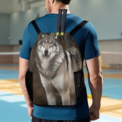 Drawstring Gym Backpack with Shoe Compartment And Wet Pocket, 28L Lightweight Waterproof Wild Wild Gray Wolf Sports Backpack for Workout Swim Beach Travel String Bag for Men Women