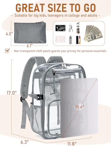 Clear Backpack Heavy Duty for Women Men Boys Girls, Large Clear Bookbag See Through Backpack for School College - color: 13-6#grey+pouch-no Reflective Strips