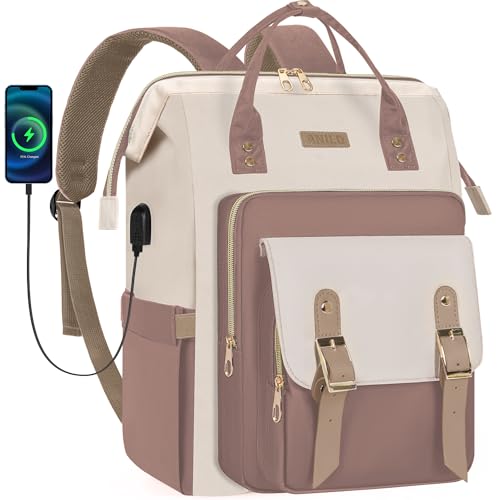 ANILD Travel Laptop Backpack for Women Bag, 15.6 Inch Work Backpack with USB Charging and Port Luggage Strap, Airline Approved Business Work Bag for Nurse College Teacher - color: Beige-light Coffee