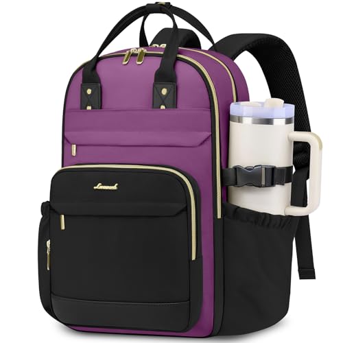 Women Laptop Backpack College Bookbag: 15.6 inch Backpacks with Pouch Pocket for Large Capacity Cup Travel Waterproof Book Bag Anti-theft Casual Work Bookbags for Teacher Nurse Black Purple - color: Black Purple, size: 15.6 Inch