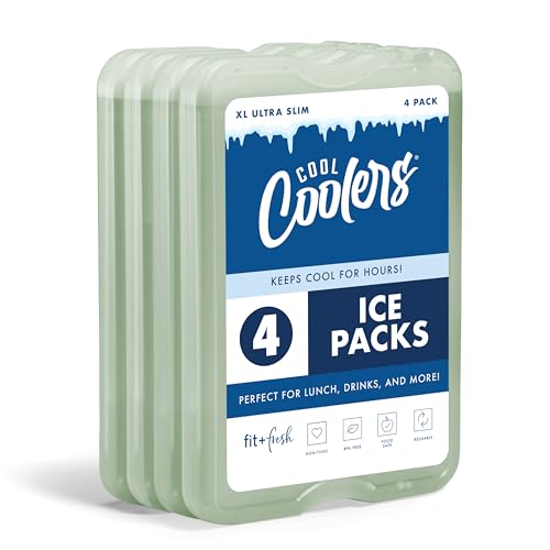 Cool Coolers by Fit & Fresh 4 Pack XL Slim Ice Packs, Quick Freeze Space Saving Reusable Ice Packs for Lunch Boxes or Coolers - color: Sage (4 Pack)