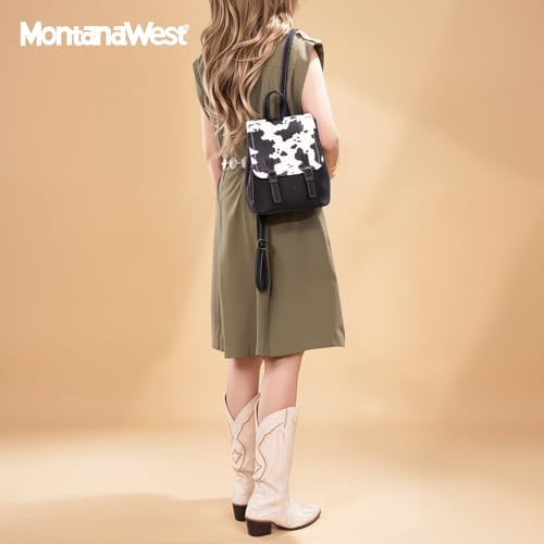 Montana West Black Cow Print Mini Womens Backpack Purse Vegan Leather Small Colorblock Backpack for Women Cute Convertible Shoulder Bag - color: Black Cow Print