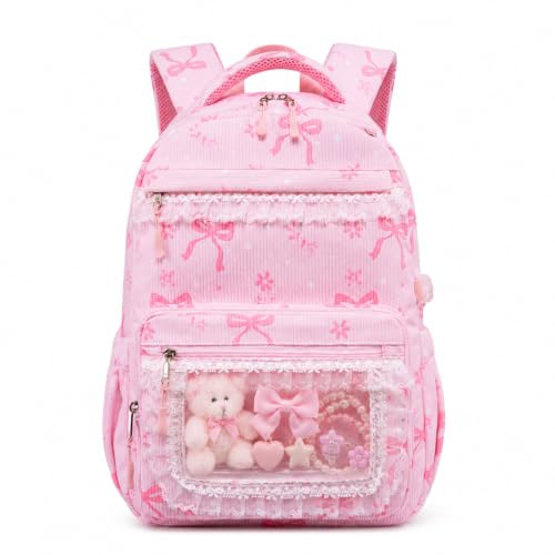 LEDAOU School Backpack for Teen Girls Elementary Middle School Bookbag Kids Backpacks Women Laptop Backpack Travel Daypack (Lace Clear Pocket - Bow Pink) - color: Lace Clear Pocket - Bow Pink