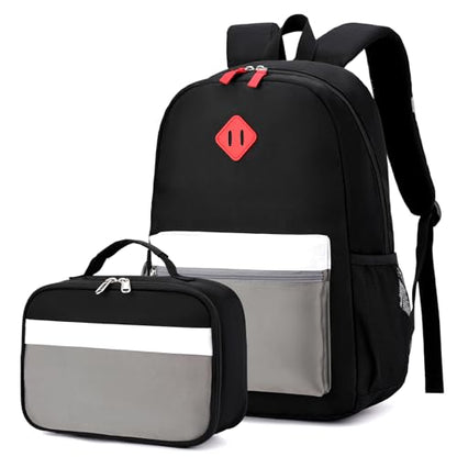 Backpack Set for Girls Boy Kids Backpack with Lunch Box for Elementary Primary Kindergarten School Bag (Black Grey Set, Large) - color: Black Grey