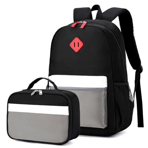 Backpack Set for Girls Boy Kids Backpack with Lunch Box for Elementary Primary Kindergarten School Bag (Black Grey Set, Large) - color: Black Grey