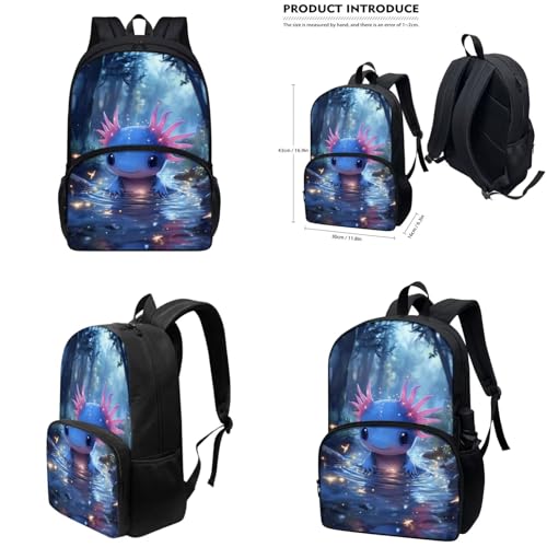 Cute Axolotl Backpack for Girls Boys Backpack with Lunch Box Water Bottle Bag and Big Pencil Case 4Pcs Set 17" Bookbag with Large Front Pocket for School Sturdy School Bag for Kids Elementary - color: Axolotl
