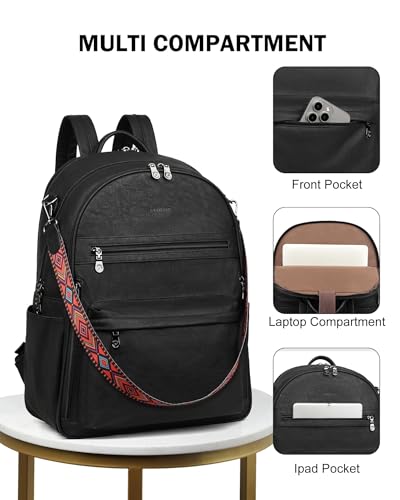 FADEON 15.6 inch Laptop Backpack Purse for Women Designer PU Leather Computer Backpacks Fashion for Work Travel Black - color: Black Retro Style