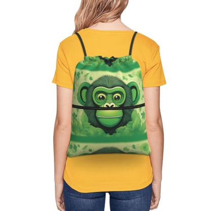 Green Clever Monkey Prints Drawstring Zipper Backpack Lightweight Sport Gym Bag Water-Resistant Travel Throw Cover for Men Women Teens