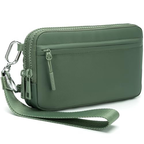 FODOKO Wristlet wallets for women Nylon Quilted Wallet with 4 Zippers,Travel Credit Card,Holder Cell Phone Organizer - color: Pea Green 2