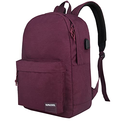 SUPACOOL Casual Laptop Backpack for Men and Women, Backpack for College, USB Charging Port, Lightweight Pack Back(Burgundy Red) - color: Burgundy Red, size: 20L