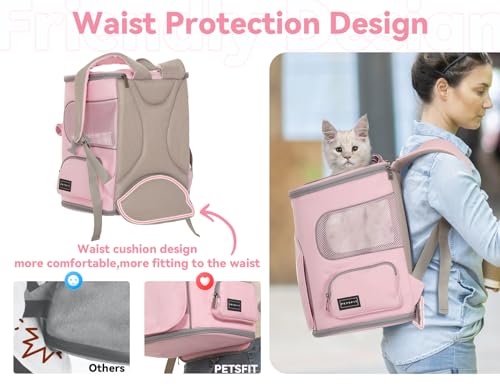 PETSFIT Pet Carrier Backpack with Upgraded Waist Protection, Cat Carrier Backpack Designed for Small Dogs/Cats, Fully Ventilated Collapsible Dog Backpack for Outdoor Traveling Hiking Camping, Pink - color: Pink