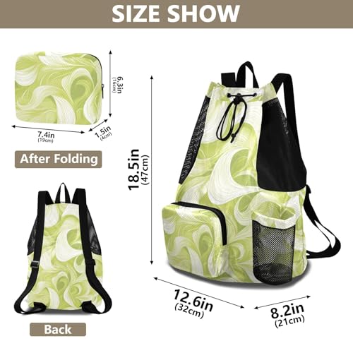 Drawstring Gym Sackpack With Pockets Mens Drawstring Bags with Wet Dry Compartments Leaf Wave Pattern Green