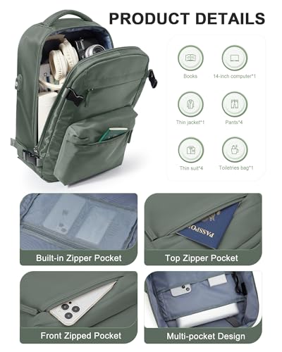 Simple Travel Backpack For Women Men,Carry on Backpack for Traveling on Airplane,Mochila de Viaje,Frontier Airlines Personal Item Travel Bag,Waterproof Luggage Backpack with USB Charging Port(Green) - color: Green