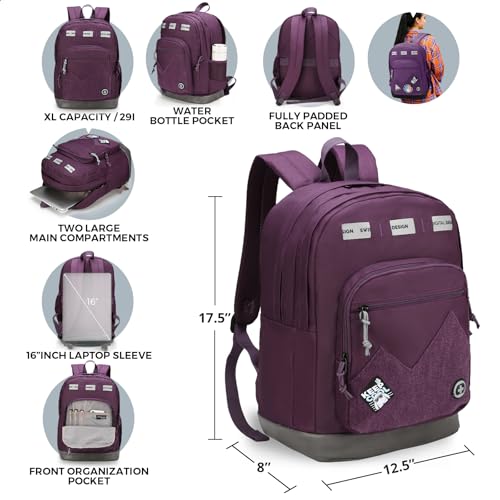 Swissdigital Design Big Student Laptop Backpack with Fun Personalized Patches For College Boy & Girl, Middle High School Teen Bookbag Cool Travel Daypack Purple - Includes 3 Patches | SD1718-51 - color: Dark Purple