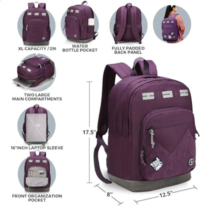Swissdigital Design Big Student Laptop Backpack with Fun Personalized Patches For College Boy & Girl, Middle High School Teen Bookbag Cool Travel Daypack Purple - Includes 3 Patches | SD1718-51 - color: Dark Purple