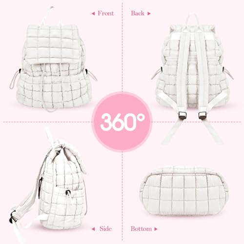 Quilted Puffer Backpack for Women Lightweight Soft Puffy Backpack Purse Casual Daily Drawstring Flap Daypack (White) - color: White