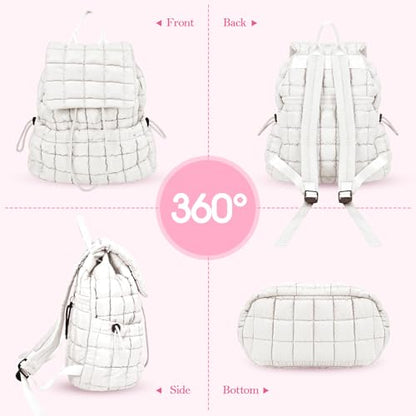 Quilted Puffer Backpack for Women Lightweight Soft Puffy Backpack Purse Casual Daily Drawstring Flap Daypack (White) - color: White
