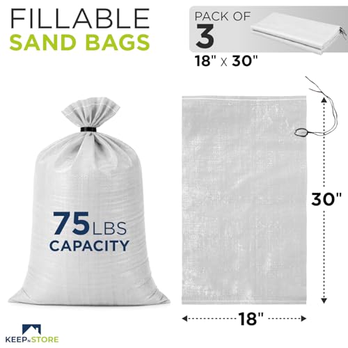 Heavy Duty Sand Bags Pack of 3, White Empty Sandbags with Built-In Ties, Woven Polypropylene UV Protection 1600 Hours, Fillable Bags for Flood Control, Weight, 18x30 inches, 75 Pounds Volume - size: 18"W x 30"L, style: Pack of 3