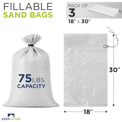Heavy Duty Sand Bags Pack of 3, White Empty Sandbags with Built-In Ties, Woven Polypropylene UV Protection 1600 Hours, Fillable Bags for Flood Control, Weight, 18x30 inches, 75 Pounds Volume - size: 18"W x 30"L, style: Pack of 3