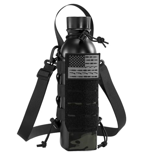 Tactical MOLLE Pouch Water Bottle Holder with Shoulder Strap Modular Bag for Outdoor Hiking Camping Hunting Fishing Airsoft - color: Black Camo