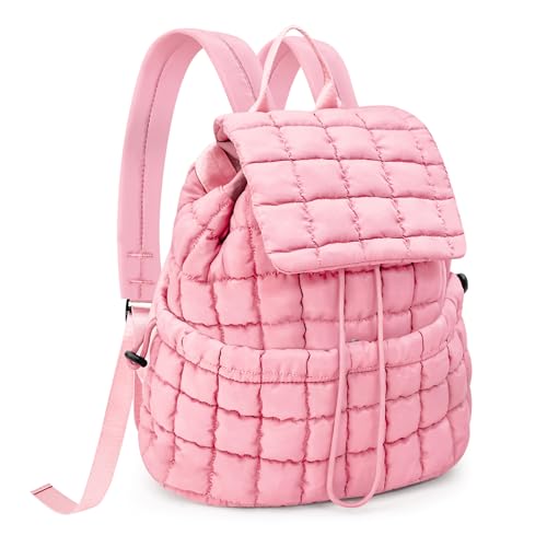 Quilted Puffer Backpack for Women Lightweight Soft Puffy Backpack Purse Casual Daily Drawstring Flap Daypack (Pink) - color: Pink