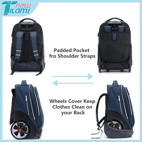 NEW TILAMI 19 inch Rolling Backpack Teens Rolling Backpack Cute Wheeled Laptop Backpack Bookbag Roller Travel Bag College, Navy Blue - color: Navy Blue