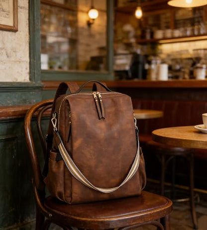 myfriday PU Leather Large Backpack Purse for Women Casual Travel Backpack Convertible Satchel Handbags With Luggage Strap (Dark brown) - color: Dark Brown
