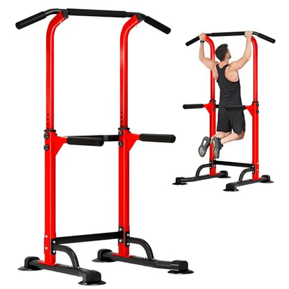DlandHome Power Tower Pull Up Dip Station Multi-Function Fitness Equipment for Strength Training Adjustable Height Dip Stand for Home Gym - color: Red
