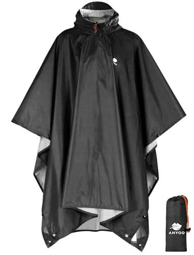 ANYOO Hooded Rain Poncho for Adults Waterproof Lightweight Rain Coat for Men Women Reusable Rain Jacket for Emergency Outdoor - color: X Black