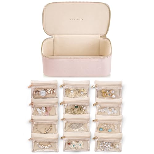 VLANDO Teacher Gifts for Women,Jewelry Box with 12 Velvet Jewelry Bags Travel Jewelry Case for Girls Jewelry Organizer for Travelers Birthday Gift Ideas for Women (Pink) - color: 12PCS-Pink