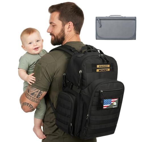 MIRACOL Military Diaper Bag for Dad: Tactical Design with Changing Pad & Daddy Patches - Pride Solution for Veteran Fathers in Baby Outings - color: Black W/ Changing Mat