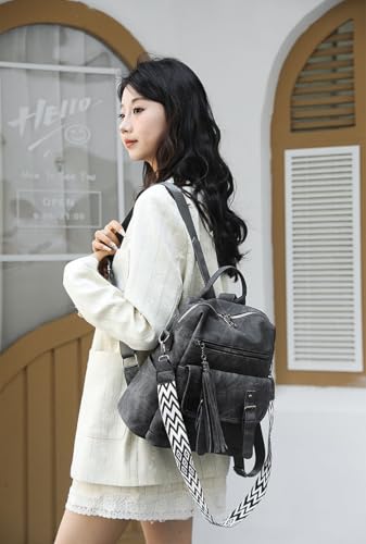 Fashion PU Leather Backpack Purse for Women Travel Backpack Bag with Tassel Ladies Shoulder Handbags Casual Daypack - color: Black