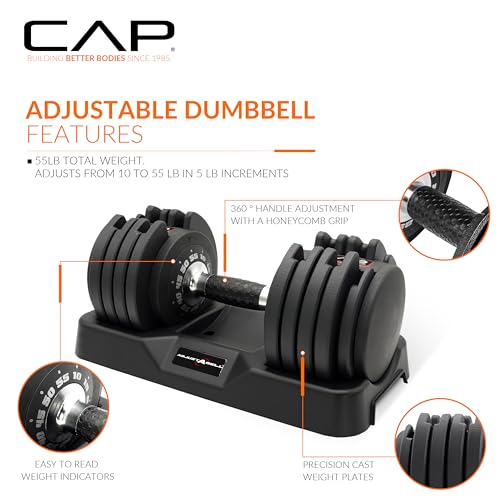 CAP ADJUSTABELL Adjustable Dumbbell Weights - Singles & Pairs | 12.5 lb, 25 lb & 55 lb | Multiple Handle Options - size: 55 lb - Honeycomb Chrome and Black Handle, style: Single
