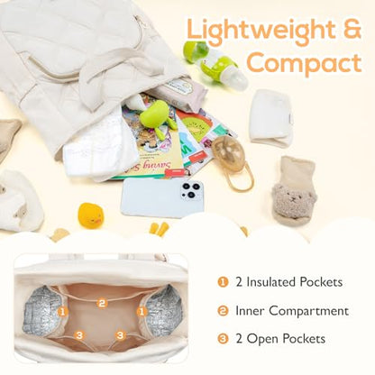 mommore Quilted Diaper Bag Backpack, Small Baby Bags, Lightweight Mini Diaper Backpack for Travel, with Insulated Pockets, Changing Pad (Beige) - color: Top Handle-beige