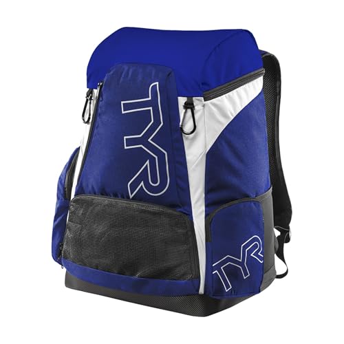 Alliance Backpack TYR Wet/Dry Athletic Gym and Pool Bag for Men and Women - Separate Wet/Dry Compartments, 45L Capacity, Ergonomic, Water-Resistant - Available in Team Colors - color: Royal/White, size: 45 Liter