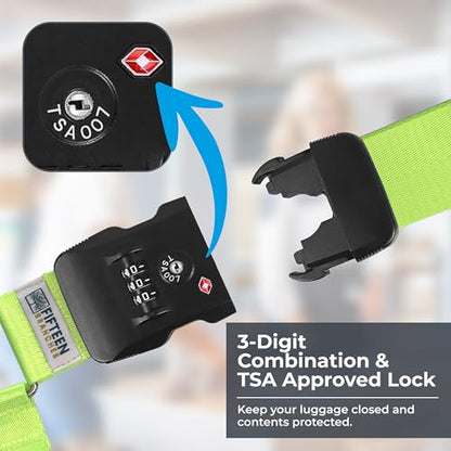 Nylon Luggage Straps for Suitcases | TSA Approved Adjustable Strap w/ 3-Digit Combo Lock | Heavy Duty Belt for 20-32 Inch Suitcases | Travel Luggage Belt Strap for Easy Identification (Neon Green) - color: Neon Green